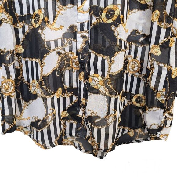 Forever 21 Nautical Black White Gold Sheer Long Sleeve Button Blouse Womens S - Picture 5 of 12